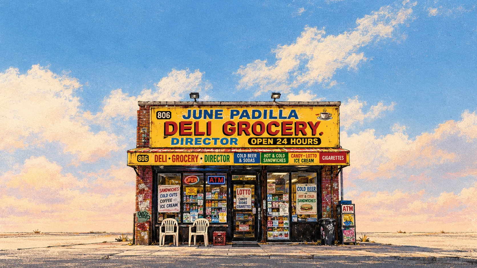 An illustrated corner deli alone under a wide sky, its yellow sign reading June Padilla Deli Grocery, Director, Open 24 Hours.